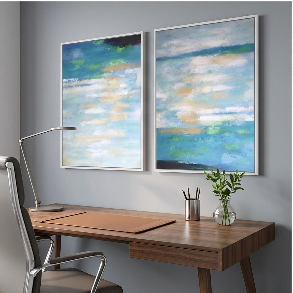 Blue Green Abstract Diptych Wall Art #TO827