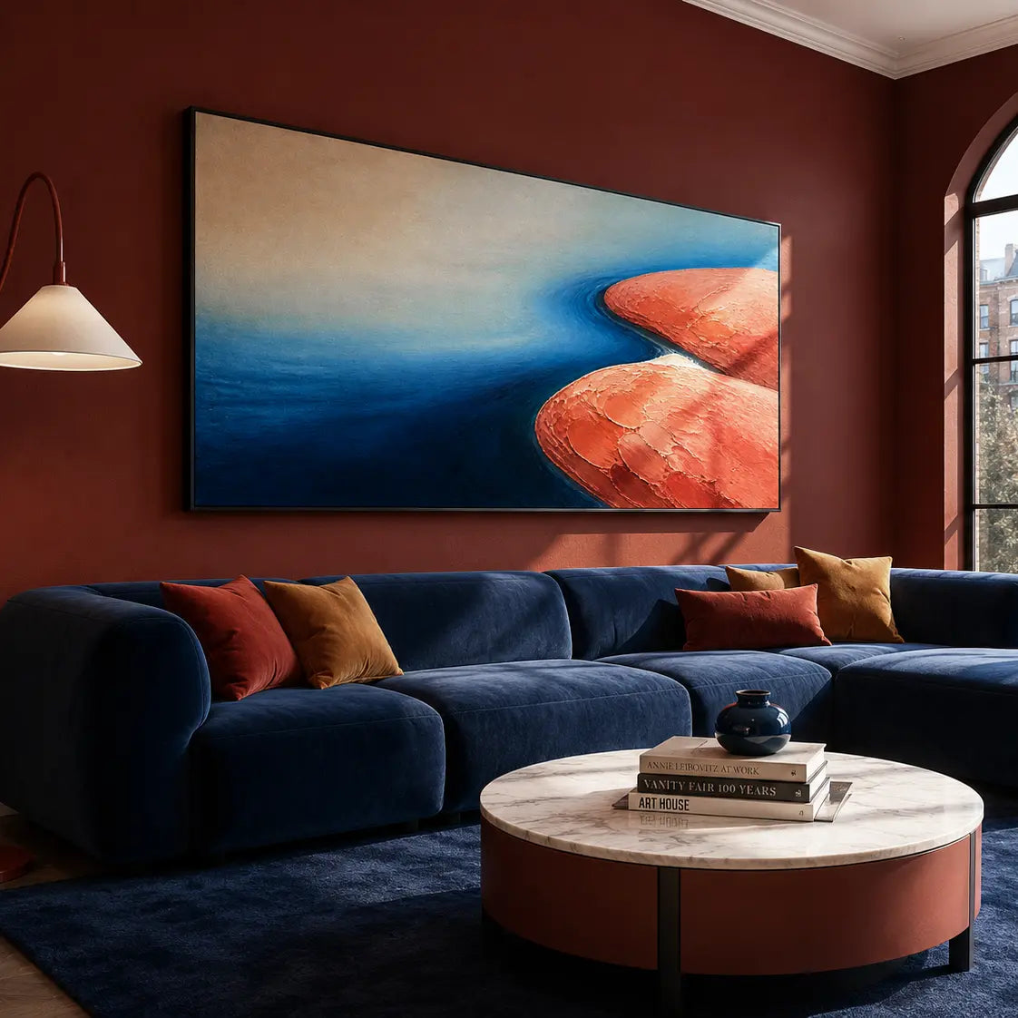 Textured Blue and Terracotta Abstract Landscape Wall Art #TO023