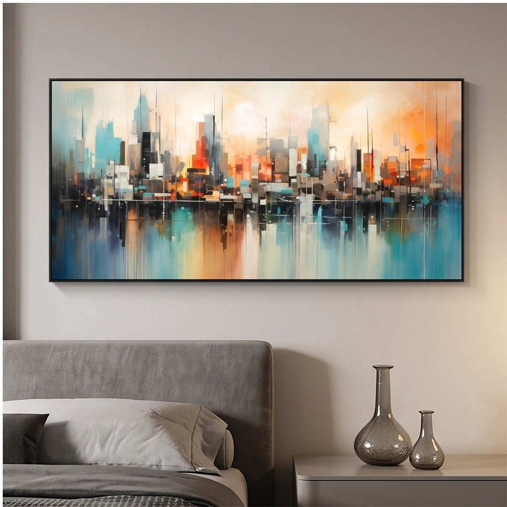 Blue and Orange Abstract Cityscape Wall Art #TO319 - Tactile Atelier