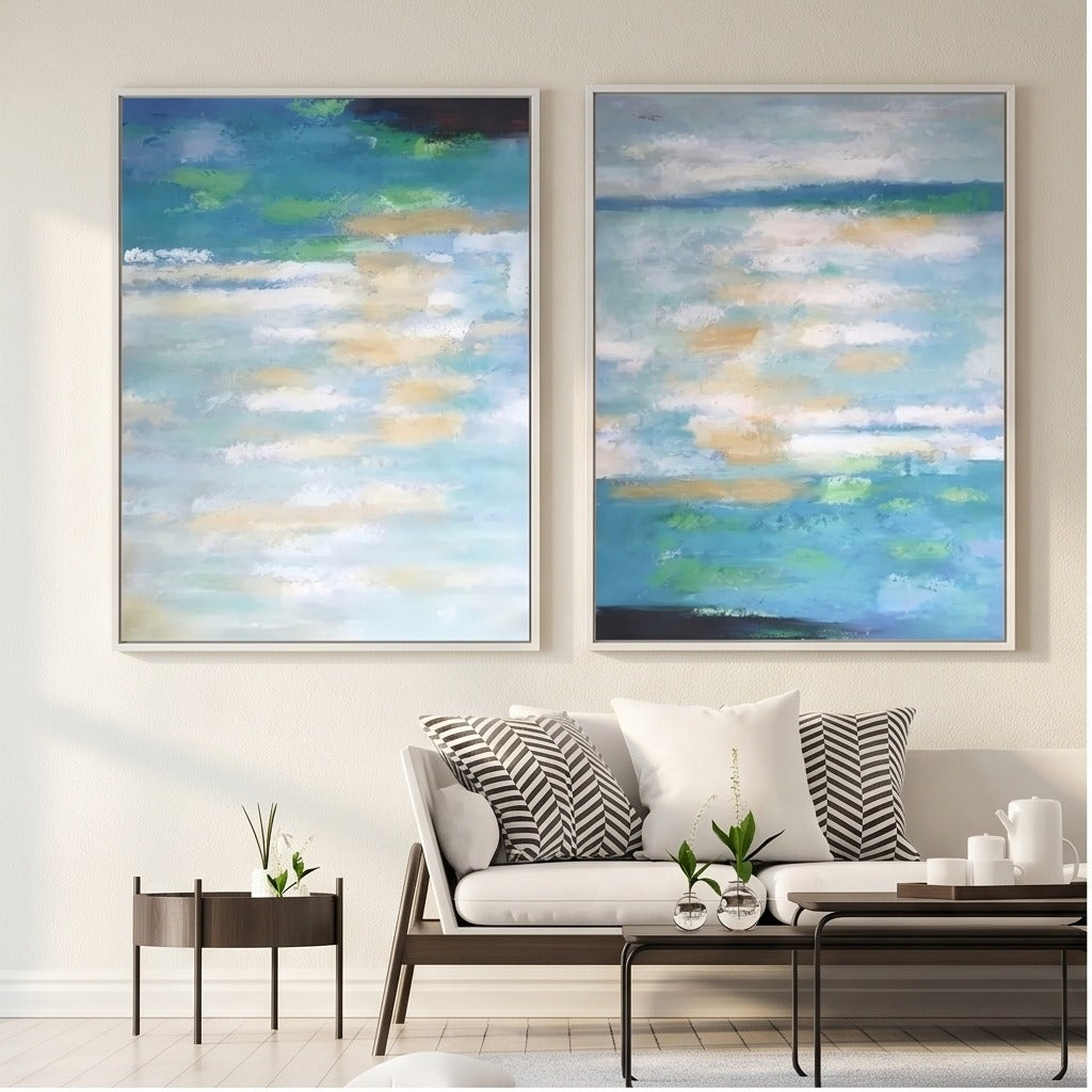 Blue Green Abstract Diptych Wall Art #TO827