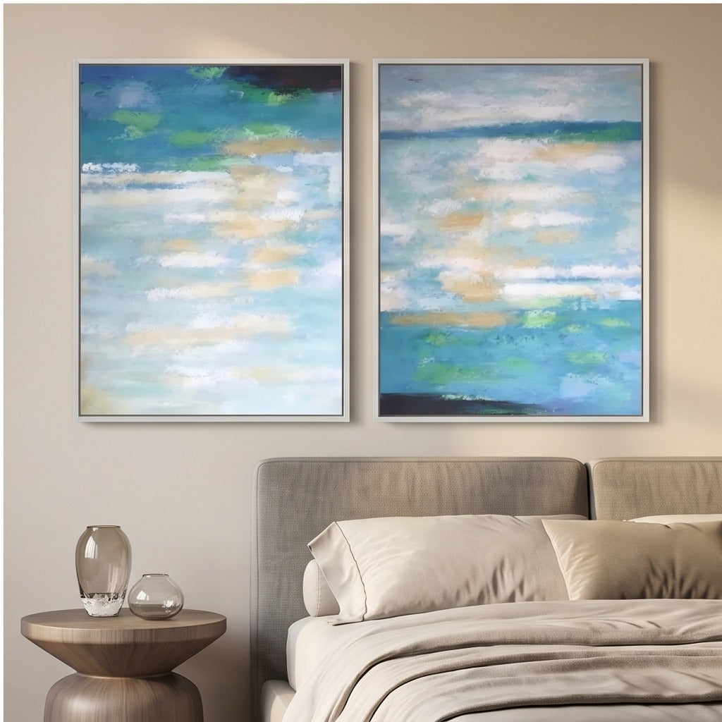 Blue Green Abstract Diptych Wall Art #TO827