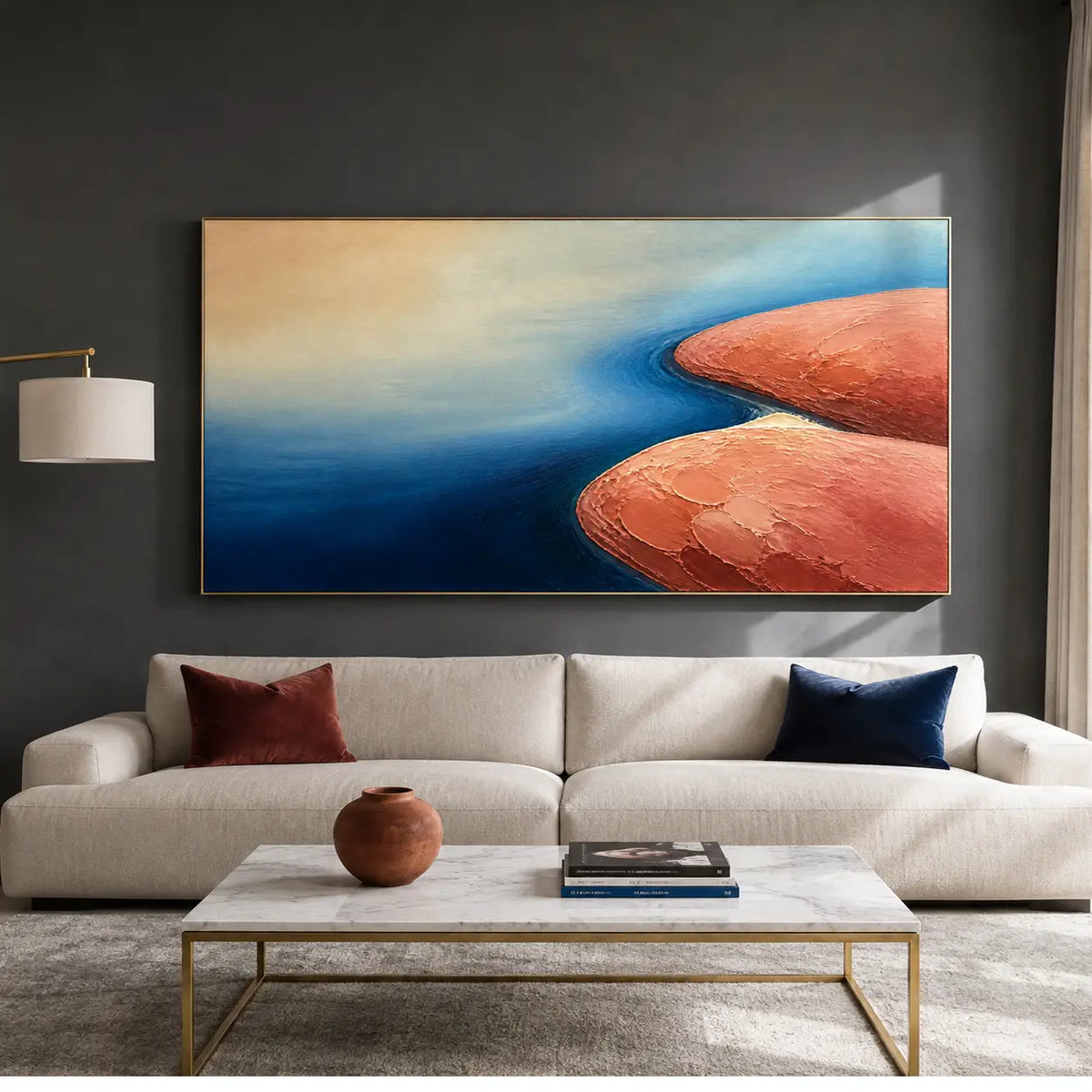 Textured Blue and Terracotta Abstract Landscape Wall Art #TO023