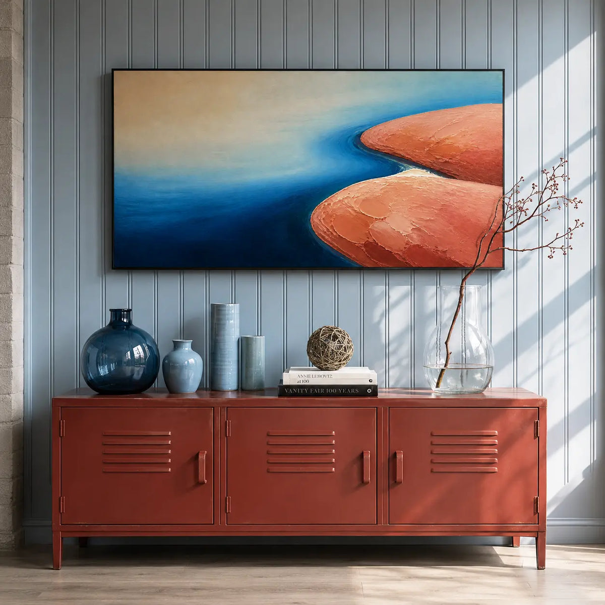 Textured Blue and Terracotta Abstract Landscape Wall Art #TO023