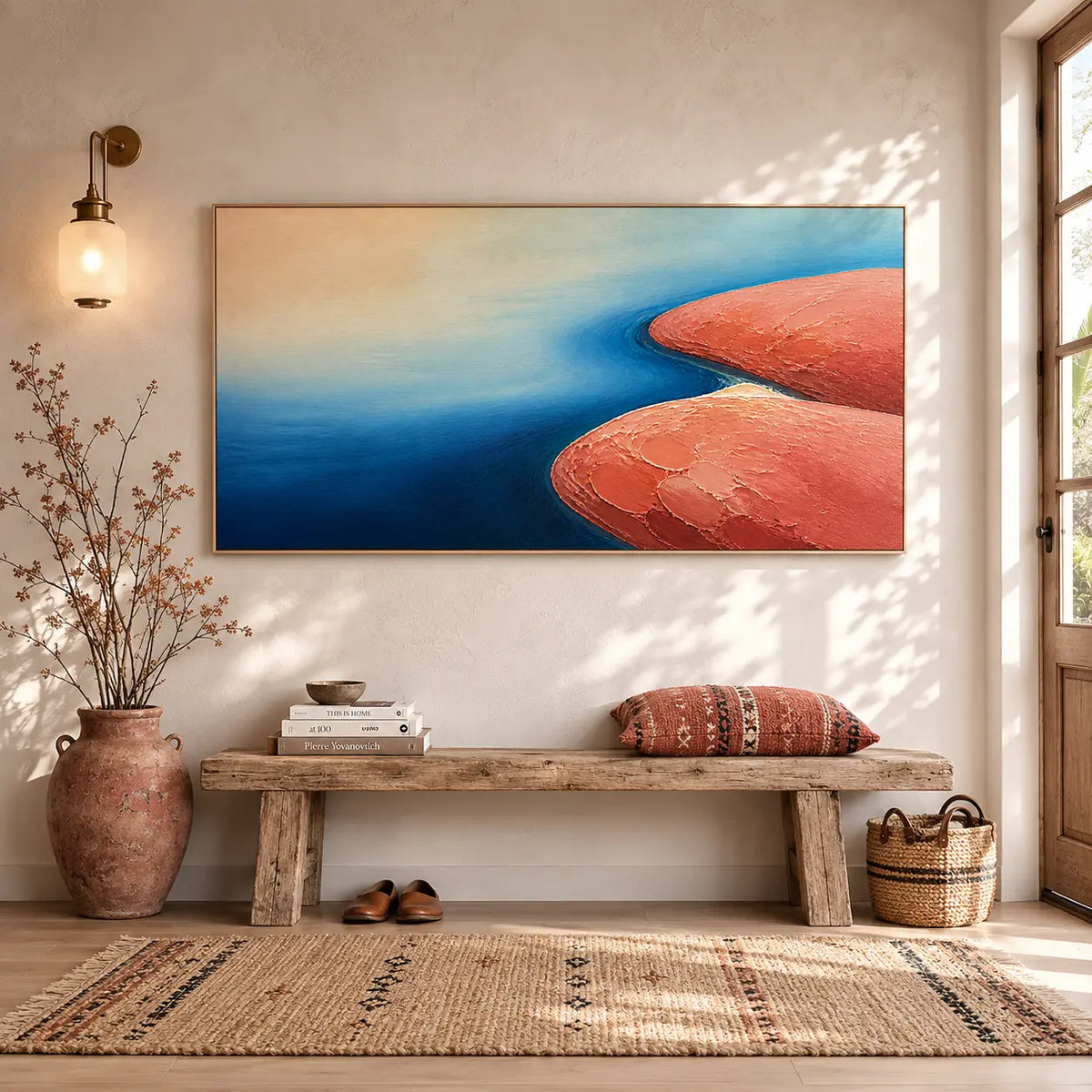 Textured Blue and Terracotta Abstract Landscape Wall Art #TO023