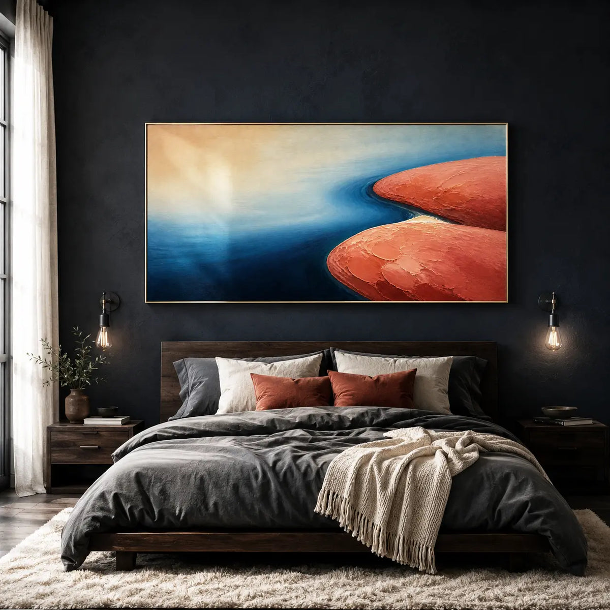 Textured Blue and Terracotta Abstract Landscape Wall Art #TO023