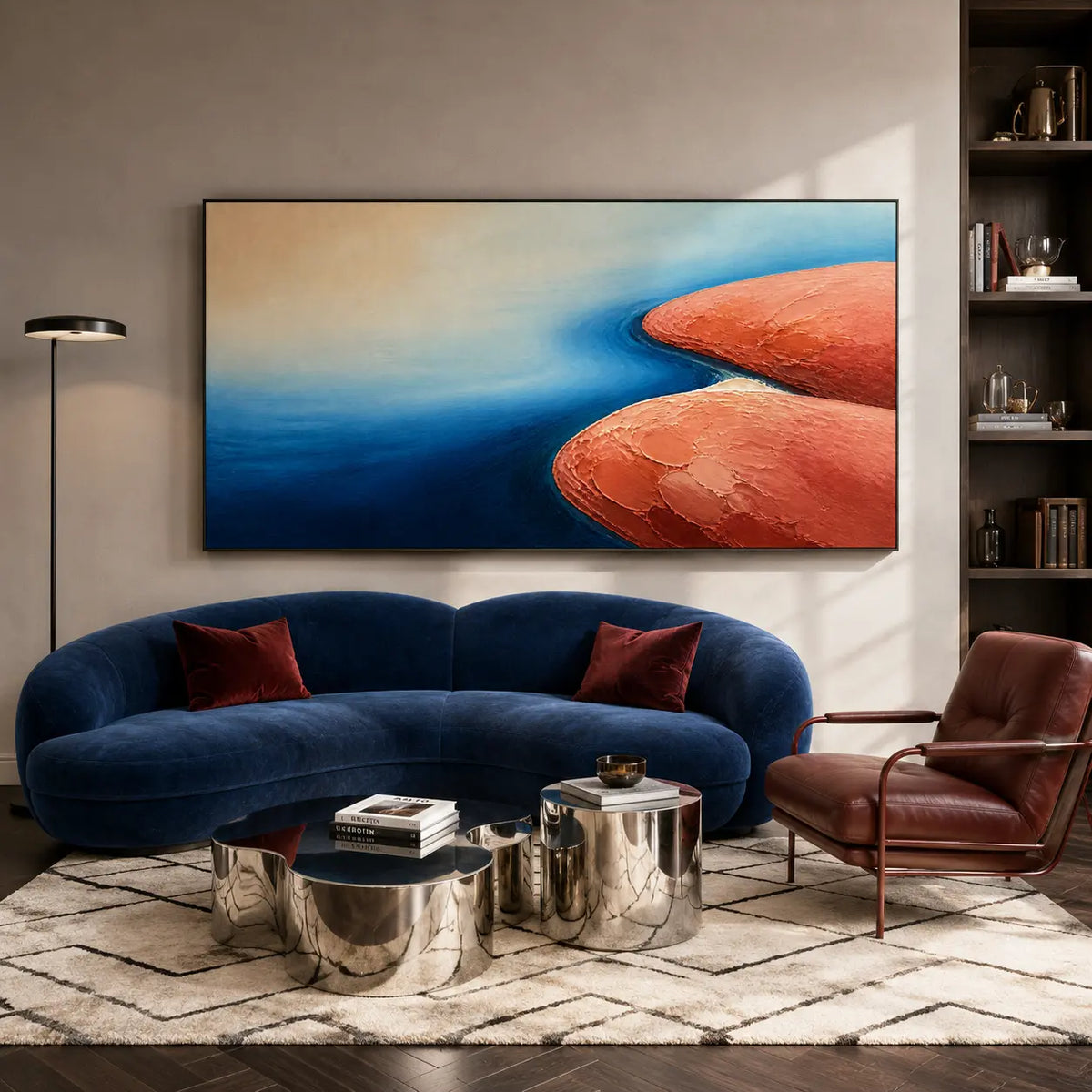 Textured Blue and Terracotta Abstract Landscape Wall Art #TO023