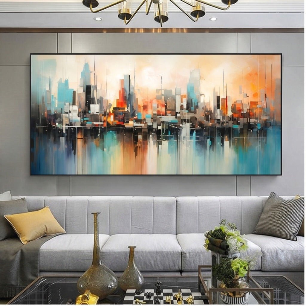 Blue and Orange Abstract Cityscape Wall Art #TO319 - Tactile Atelier