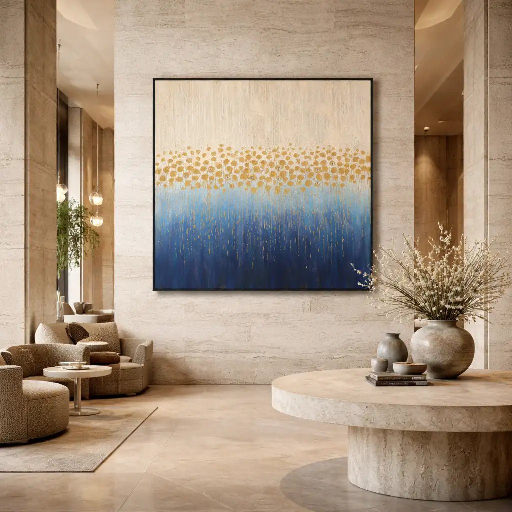 Gold & Blue Abstract Floral Wall Art TA143 - Tactile Atelier