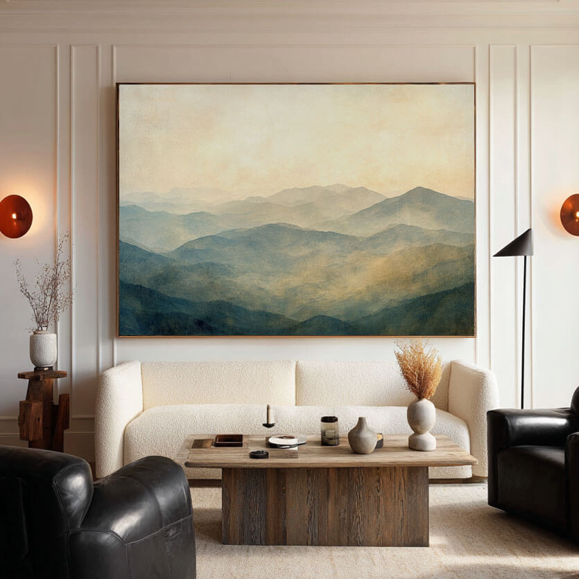 Hand-Painted Mountain Landscape, a hand-painted heavy texture oil painting featuring Soft Blue, Beige, and Light Brown tones, shown as unrolled canvas, studio direct.