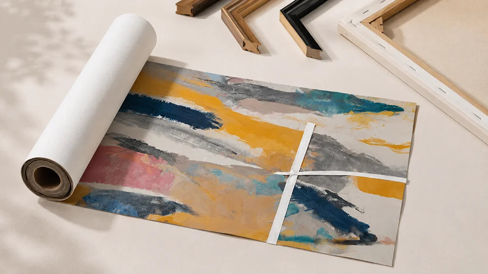 Rolled canvas artwork beside wooden frame samples